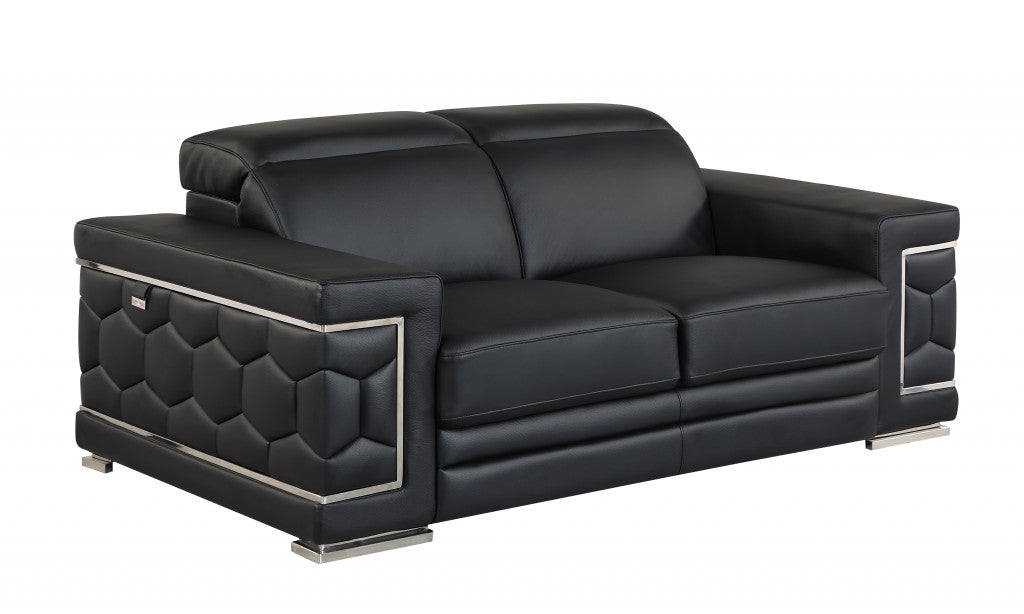 71" Modern Black Genuine Leather Loveseat with Silver Legs