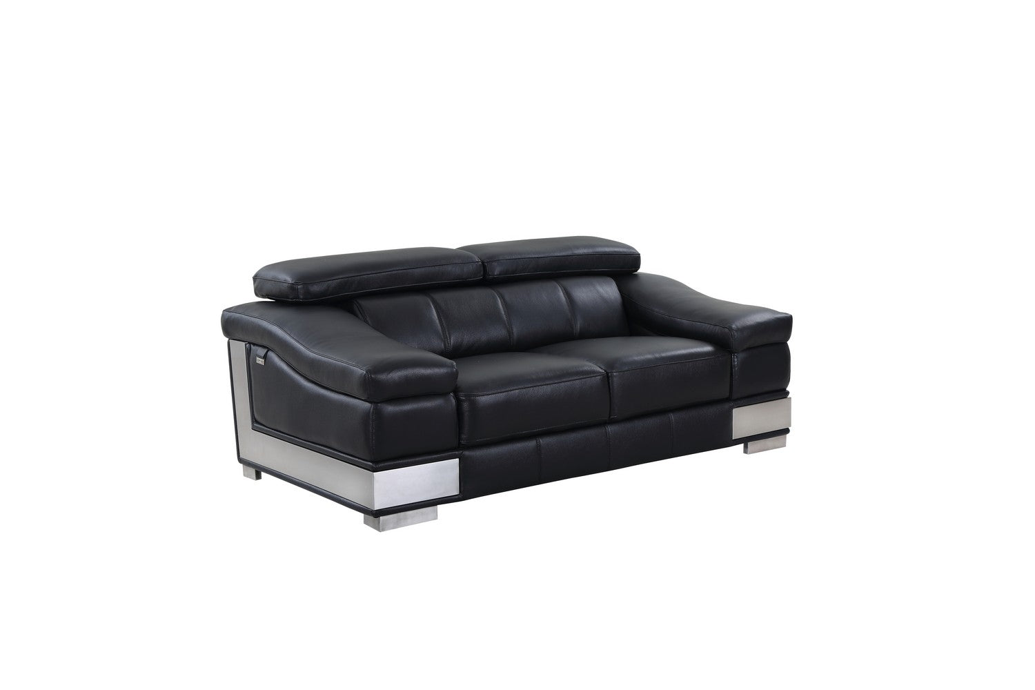 73" Black Genuine Leather Loveseat with Silver Legs