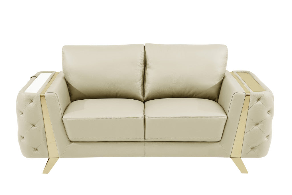 72" Contemporary Beige Genuine Leather Loveseat with Gold Legs