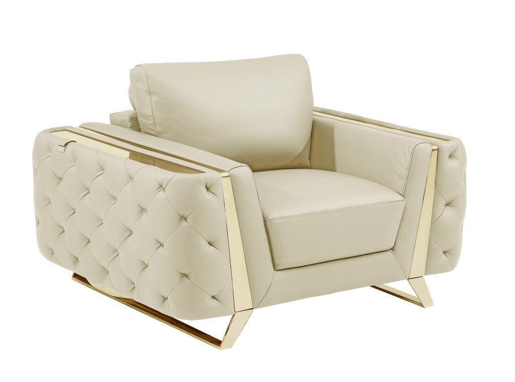 Contemporary 50" Beige Top Grain Genuine Leather Tufted Club Chair