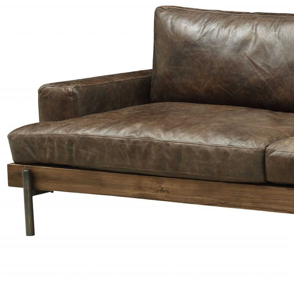 95" Modern Chocolate Top Grain Leather Sofa with Black Metal Legs