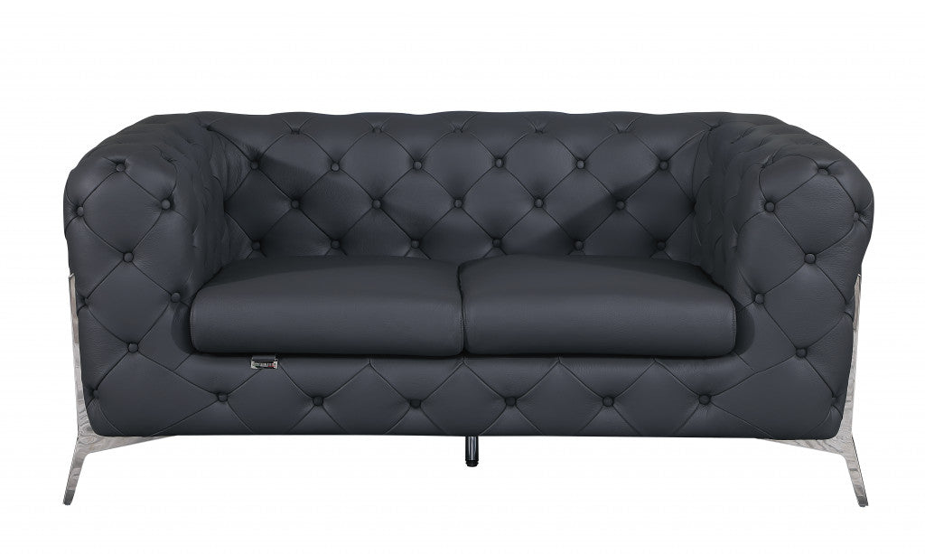 69" Modern Gray Italian Leather Loveseat with Silver Legs