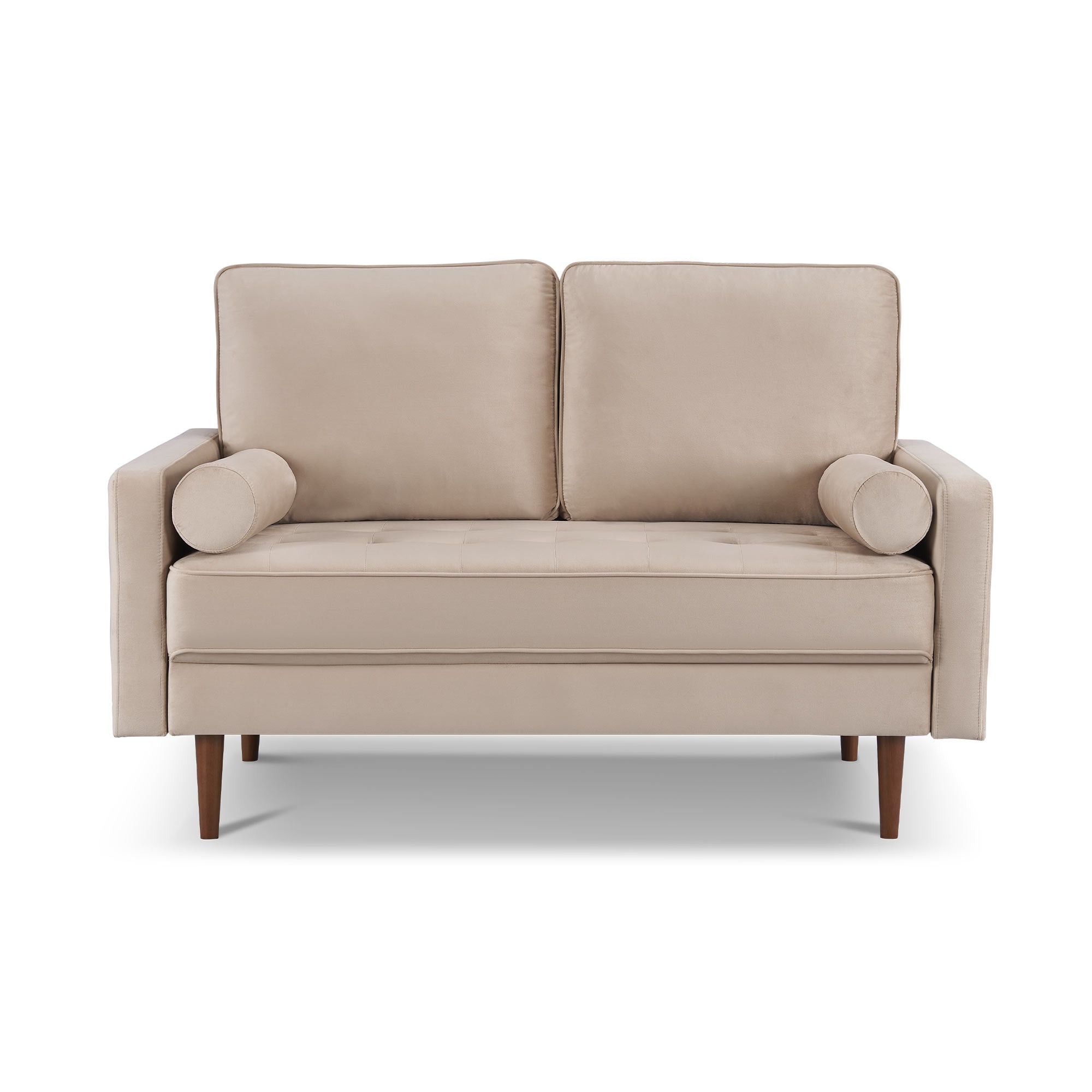 57" Mid-Century Beige Velvet Loveseat with Dark Brown Wood Legs