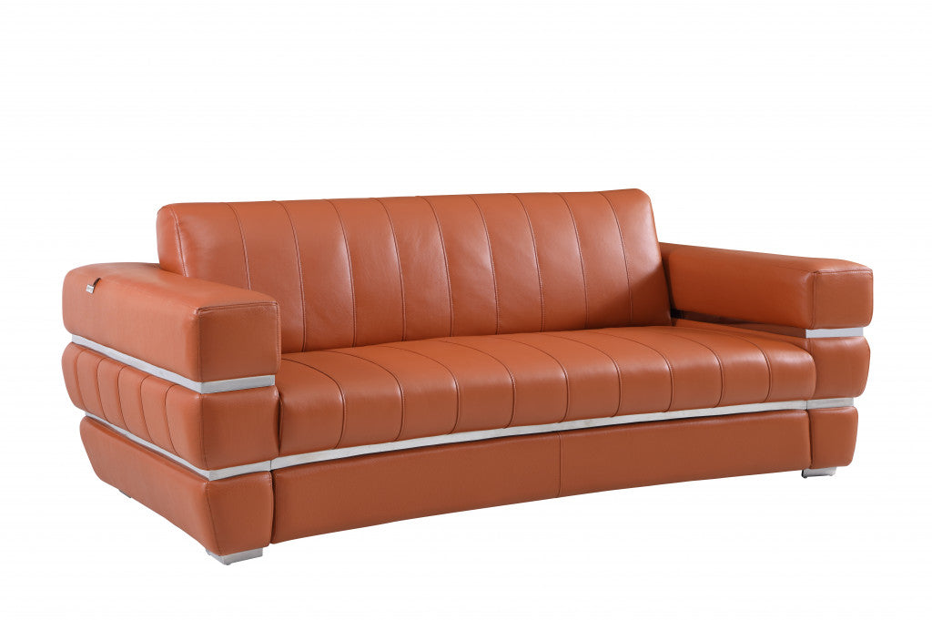 89" Modern Camel Italian Leather Sofa with Silver Legs