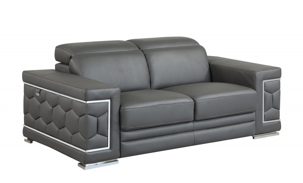 71" Modern Dark Gray Genuine Leather Loveseat with Silver Legs