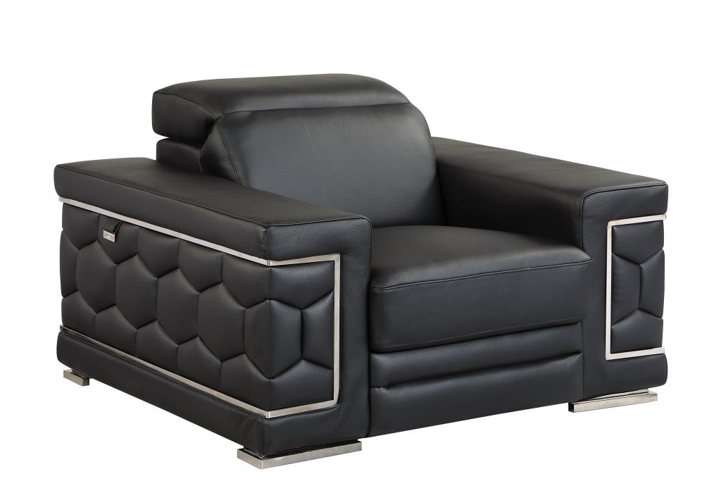 Modern 47" Black Top Grain Genuine Leather Accent Armchair