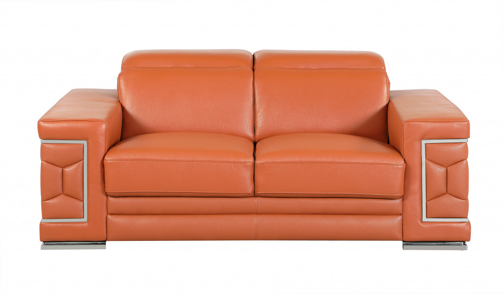 71" Camel Genuine Leather Loveseat with Silver Legs