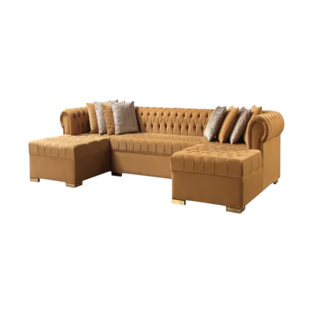 Modern Glam Mustard Velvet U-Shaped 3-Piece Symmetrical Sofa and Chaise Sectional