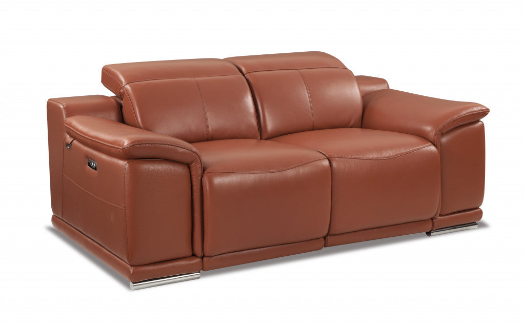 72" Camel Italian Leather Power Reclining Loveseat with Silver Legs