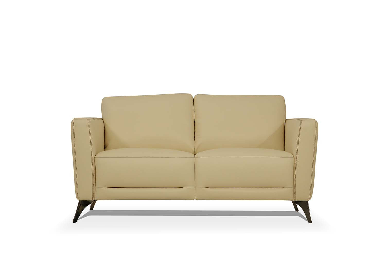 59" Contemporary Cream Genuine Leather Loveseat with Silver Legs