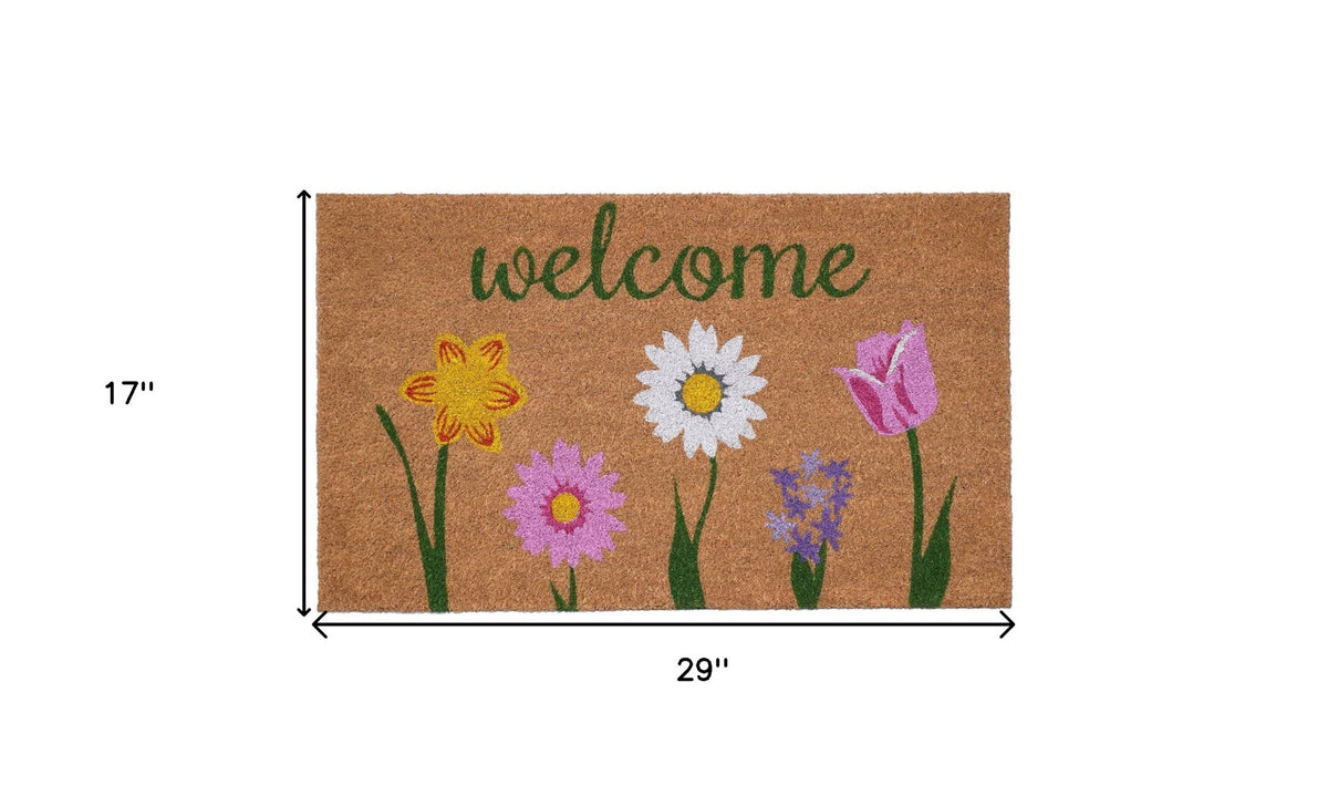 17" x 29" Natural Pink & Green Floral Coir Welcome Doormat