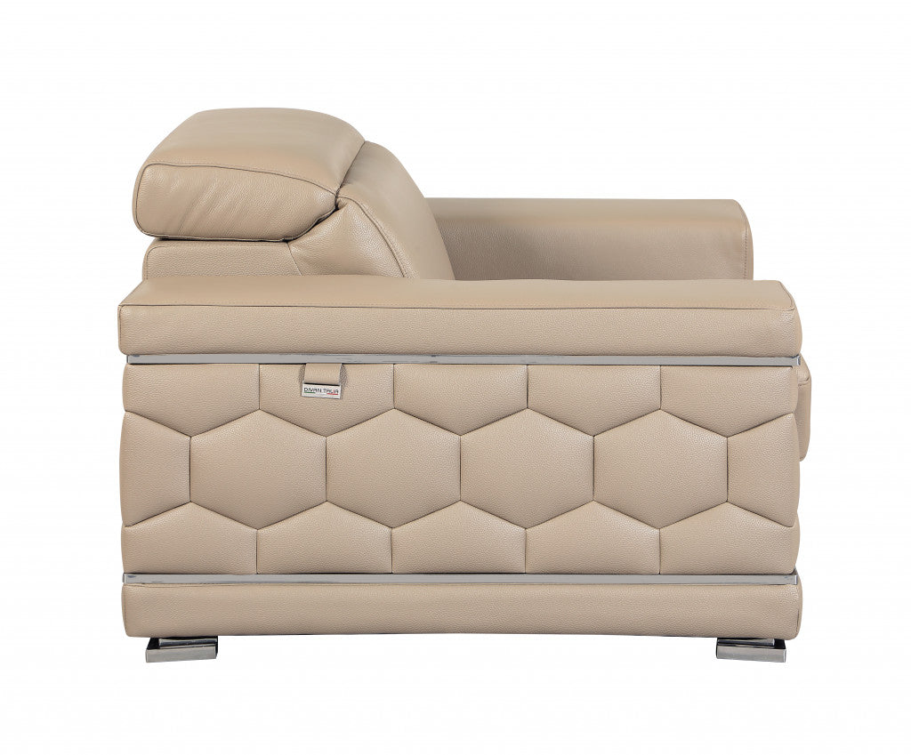 71" Modern Beige Genuine Leather Loveseat with Silver Legs