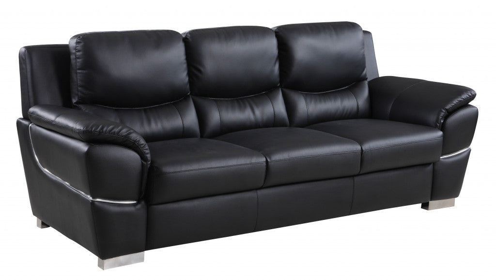 85" Modern Black Leather Sofa with Silver Stainless Steel Legs