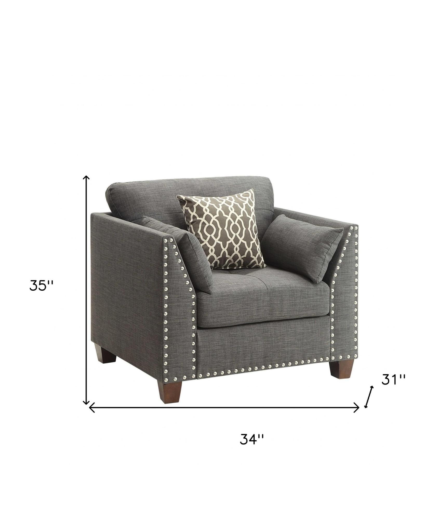 Contemporary 34" Tailored Charcoal Linen Accent Armchair with 3 Matching Toss Pillows