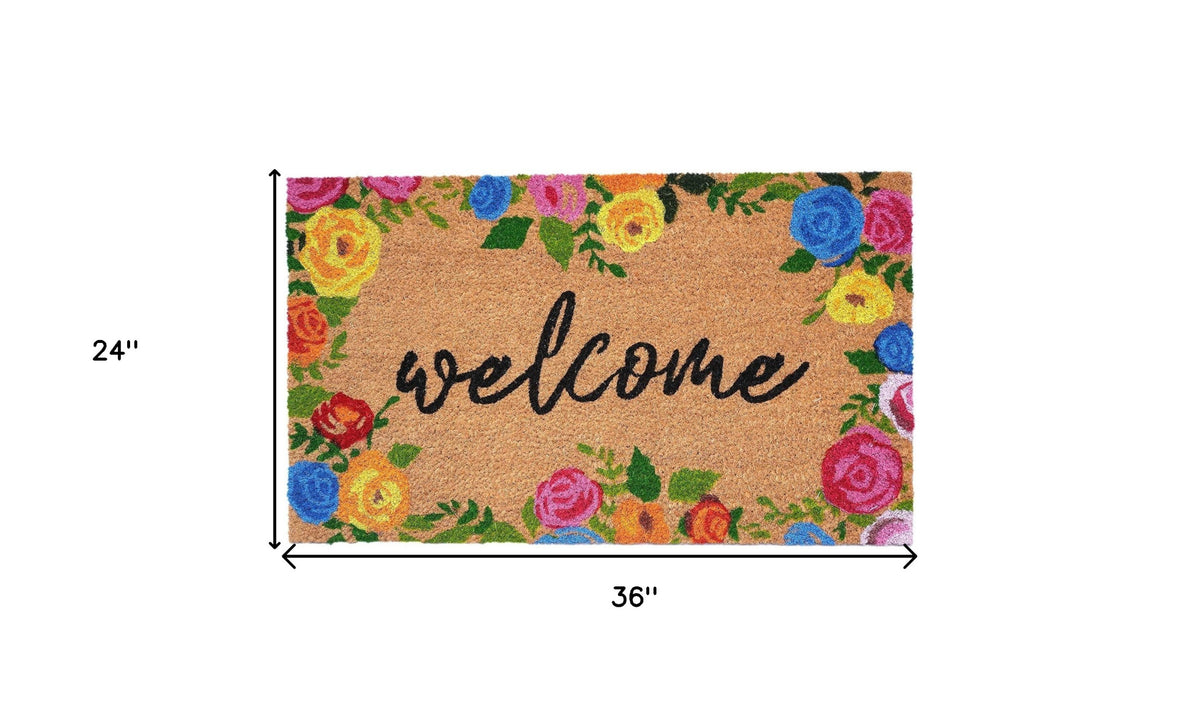 24" x 36" Natural & Black Coir Floral Welcome Outdoor Doormat