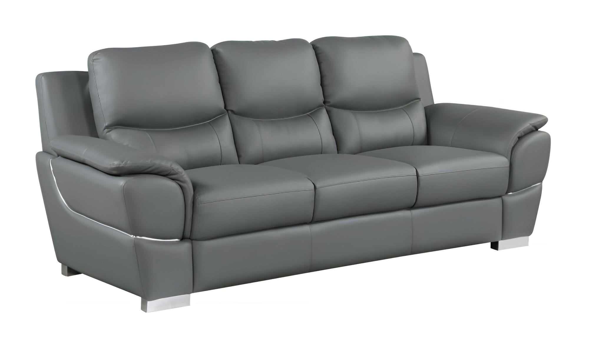 85" Modern Gray Leather Sofa with Silver Stainless Steel Legs