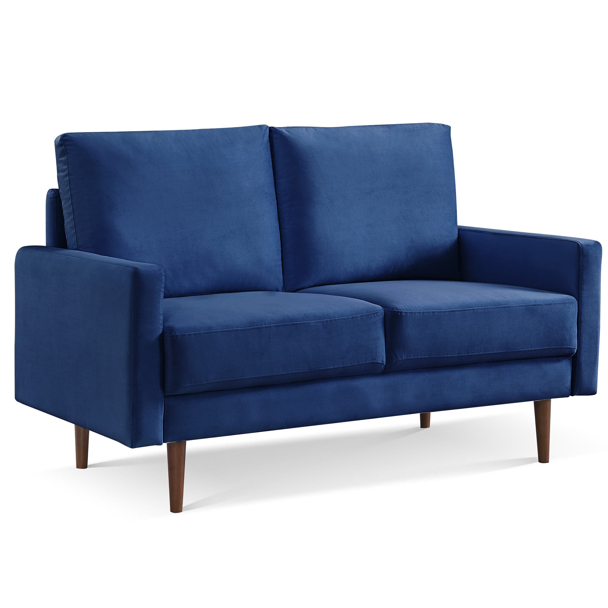 57" Modern Blue Velvet Loveseat with Dark Brown Wood Legs