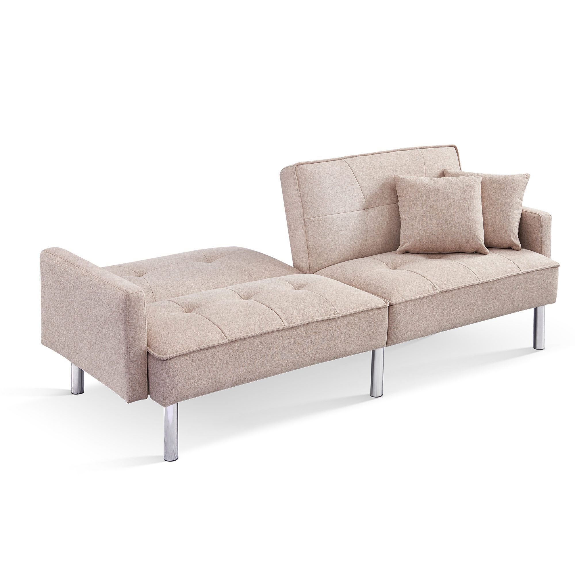 85" Modern Beige Polyester Blend Convertible Futon Sleeper Sofa with Silver Legs