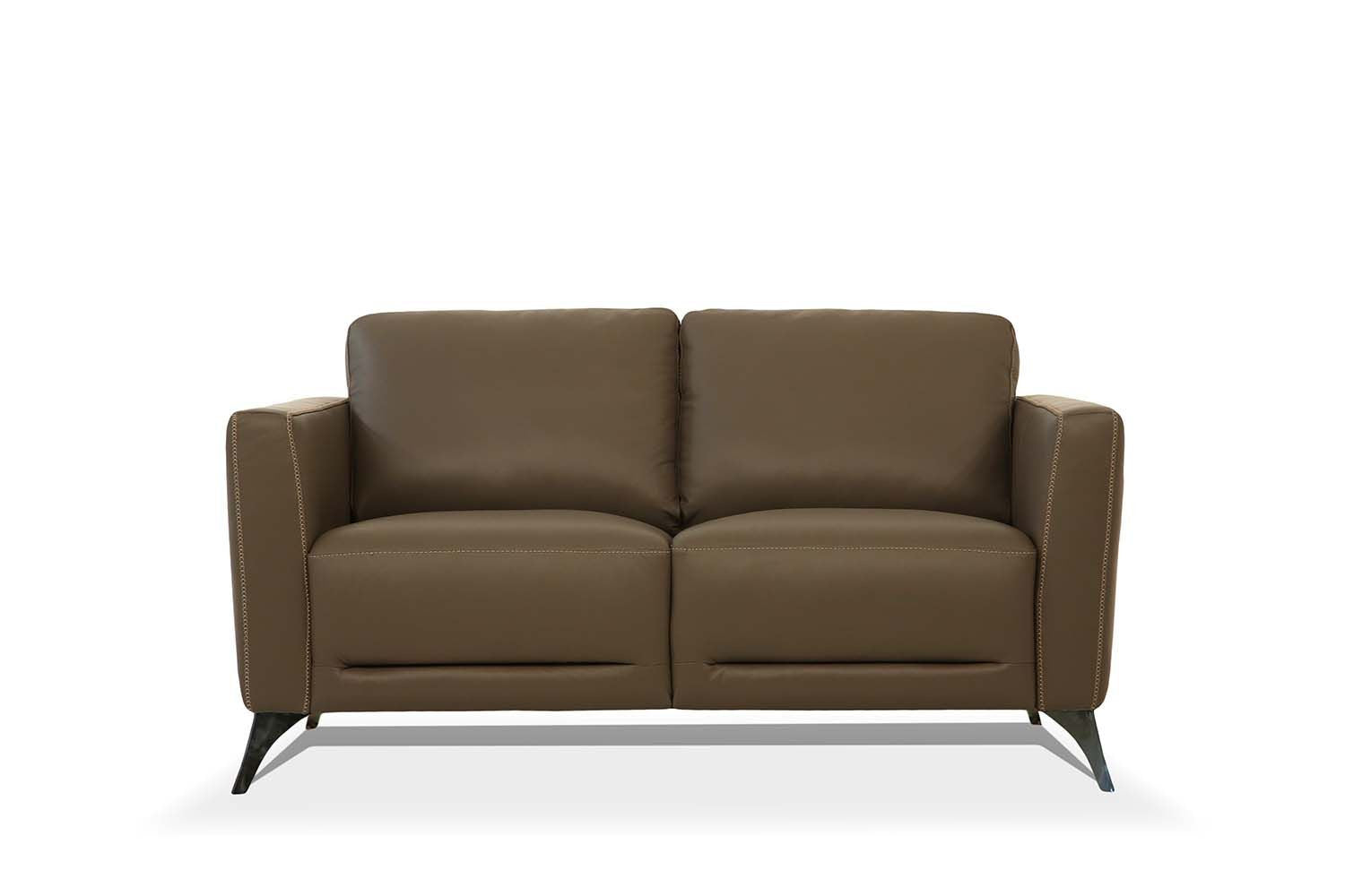 59" Contemporary Brown Genuine Leather Loveseat with Silver Legs