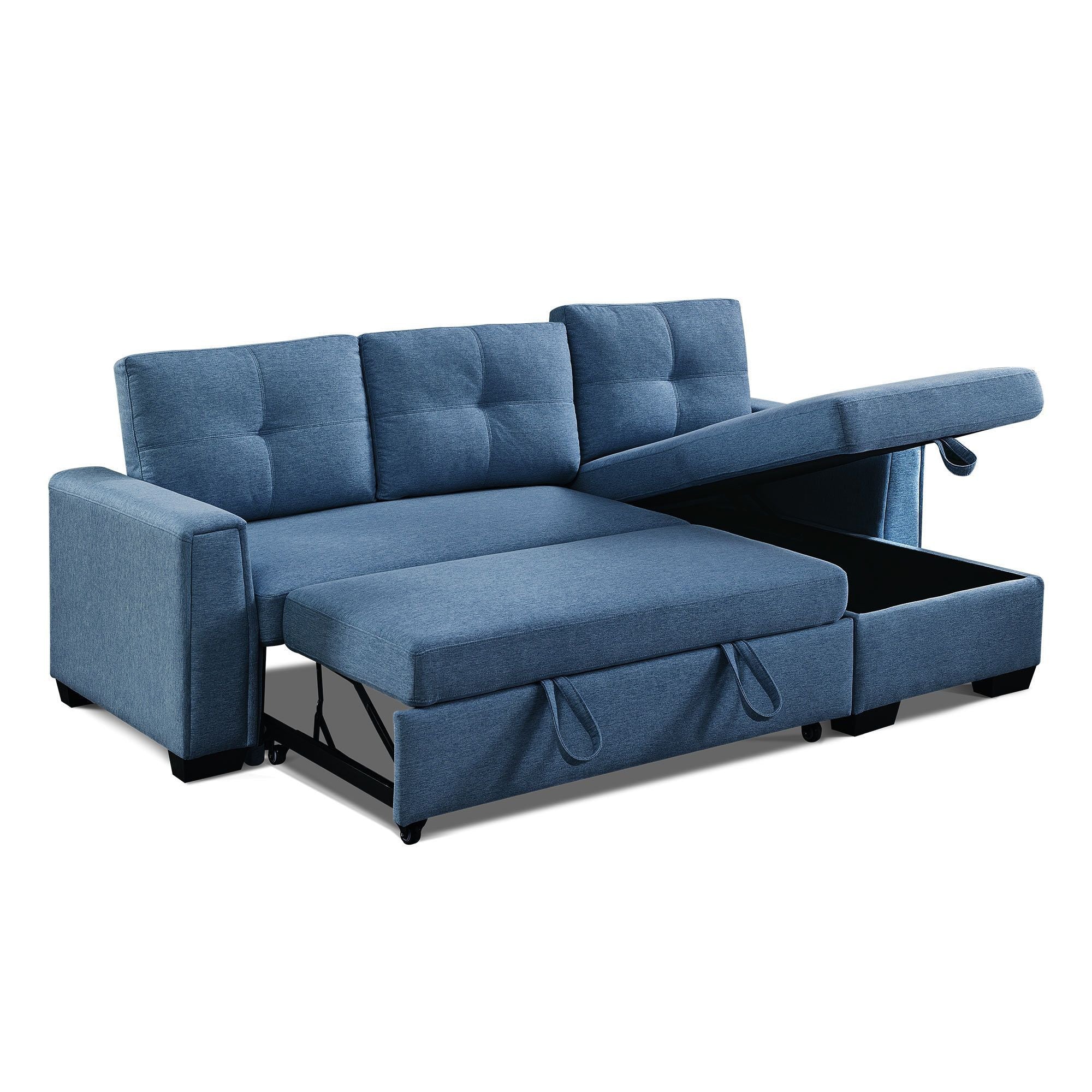 92" Modern Blue Polyester Blend Convertible Futon Sleeper Sofa with Black Legs