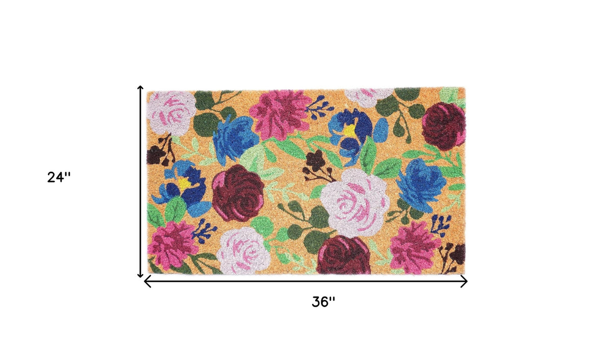 24" x 36" Large Natural Pink & Green Floral Coir Outdoor Doormat