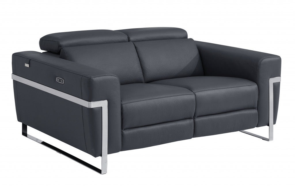 65" Gray Italian Leather Power Reclining Loveseat with Silver Legs