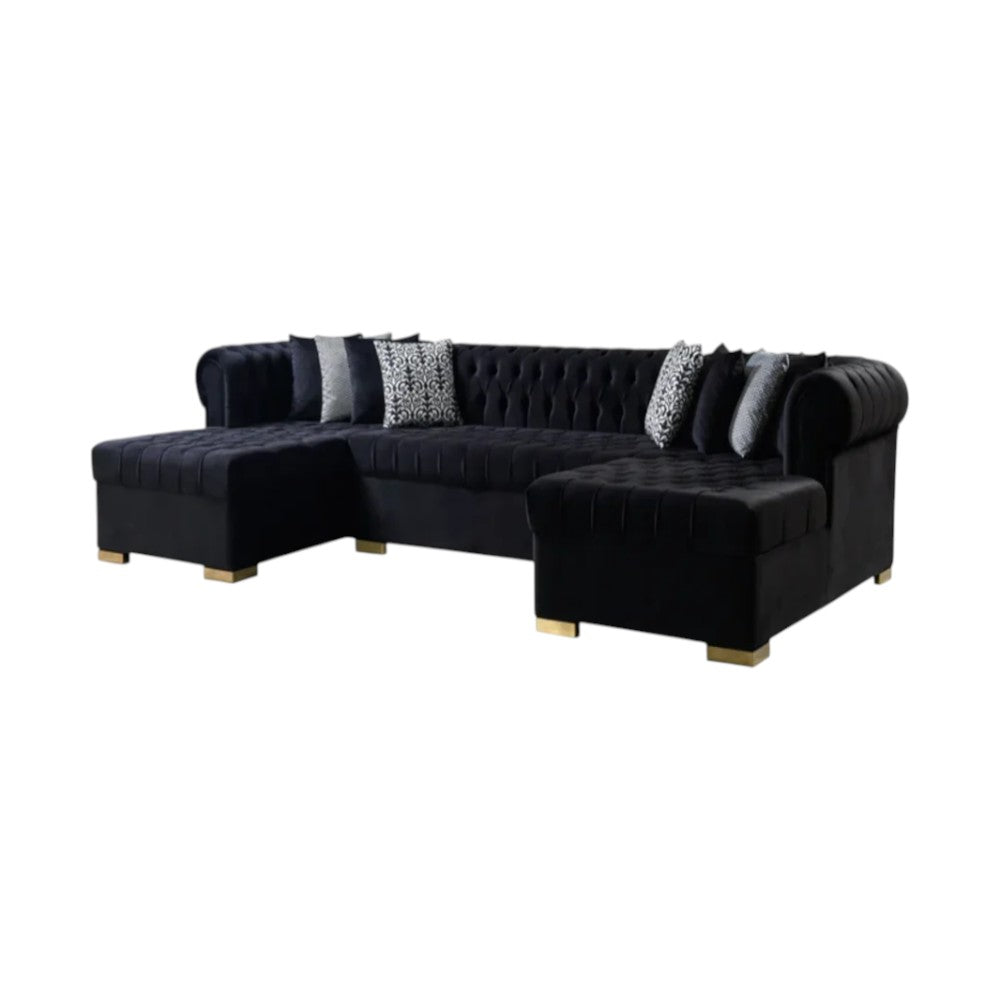 Modern Black Velvet U-Shaped 3-Piece Symmetrical Sofa and Chaise Sectional