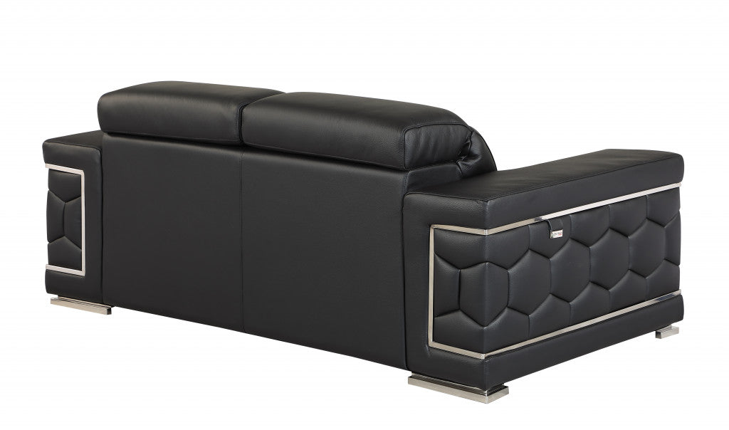 71" Modern Black Genuine Leather Loveseat with Silver Legs