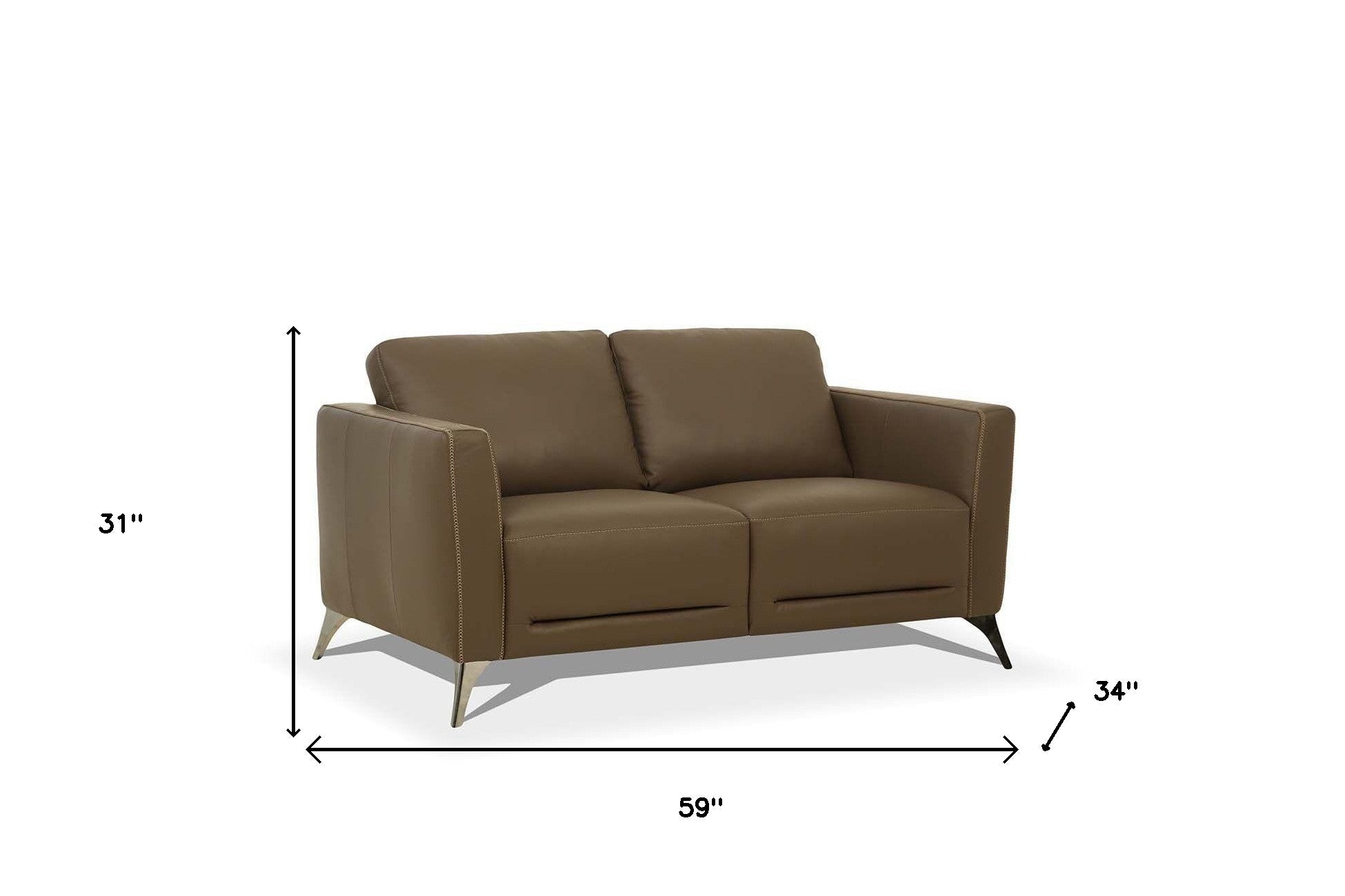 59" Contemporary Brown Genuine Leather Loveseat with Silver Legs