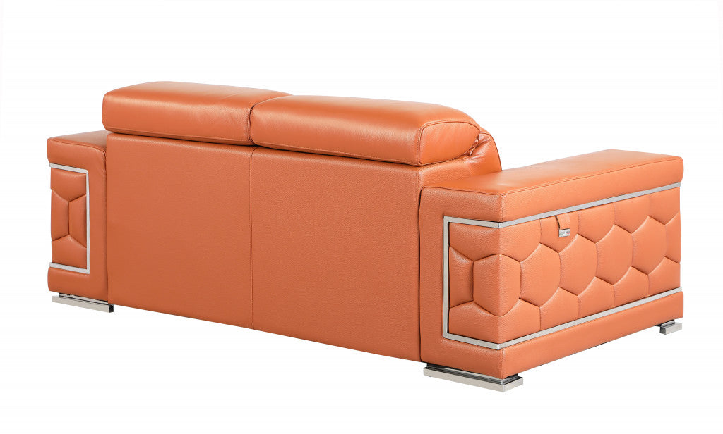 71" Camel Genuine Leather Loveseat with Silver Legs
