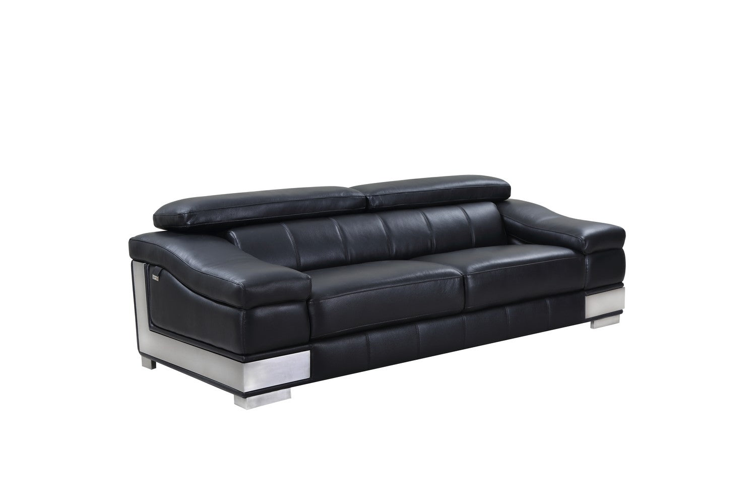 92" Contemporary Black Italian Leather Sofa with Silver Legs