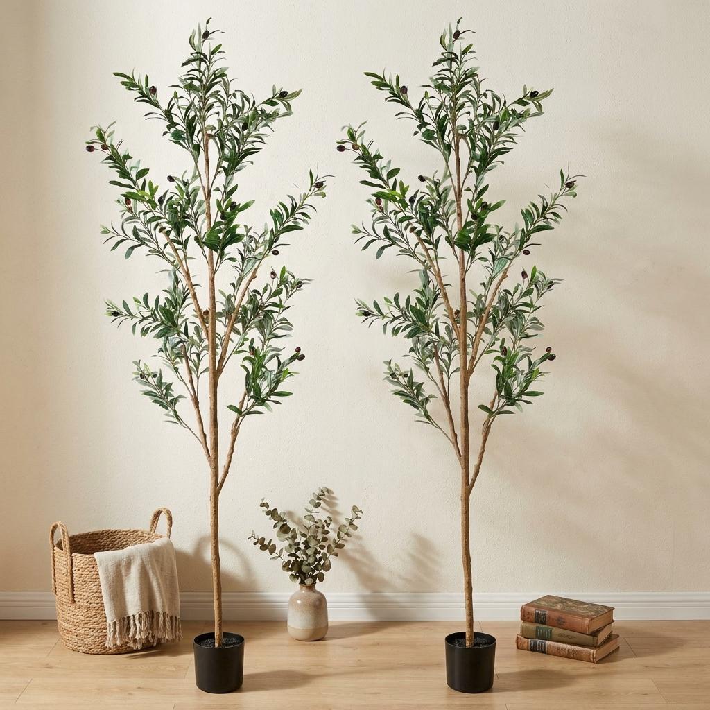 Set of 2 72" Artificial Olive Trees in Black Pots