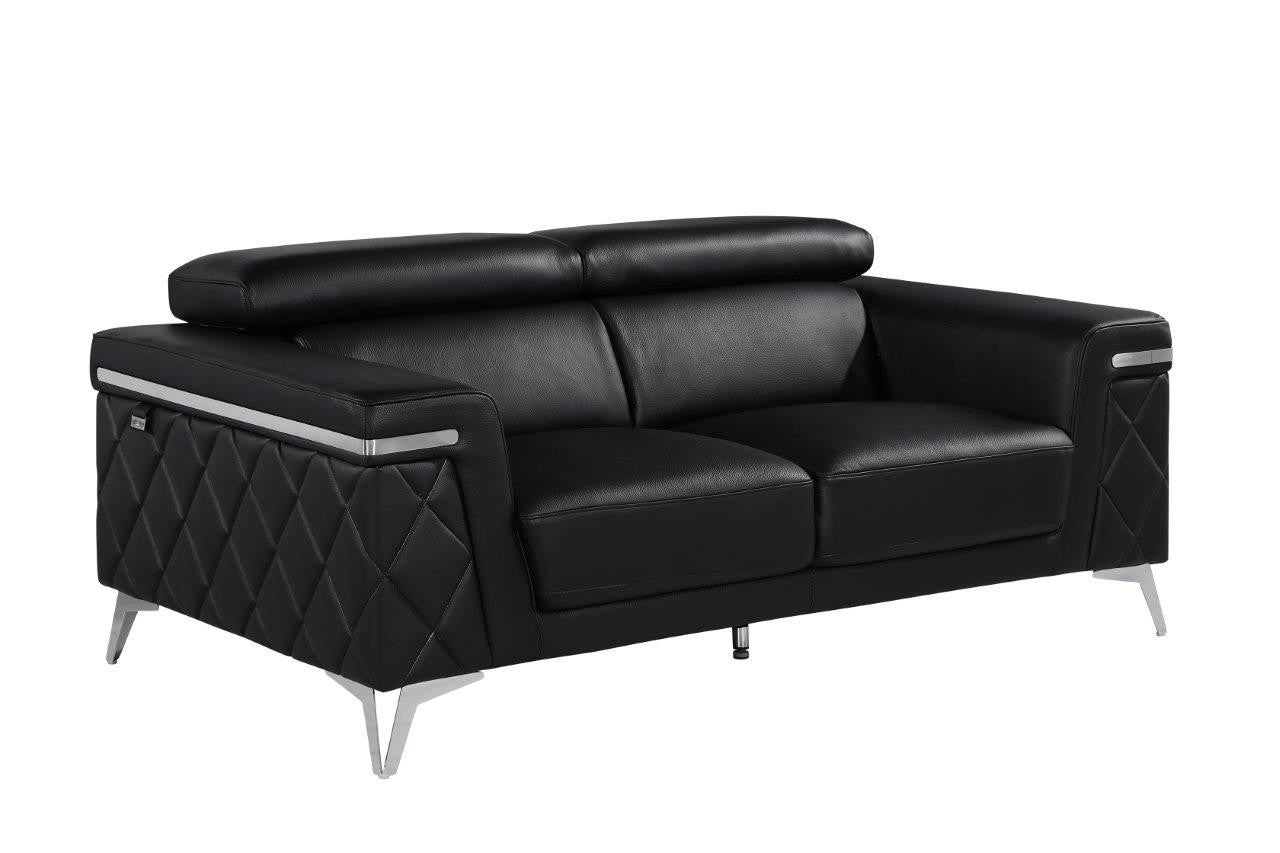 70" Contemporary Black Top Grain Leather Loveseat with Silver Metallic Legs