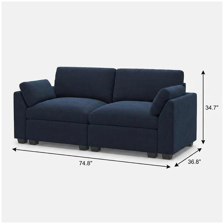 75" Modern Navy Blue Velvet Modular Loveseat with Black Legs