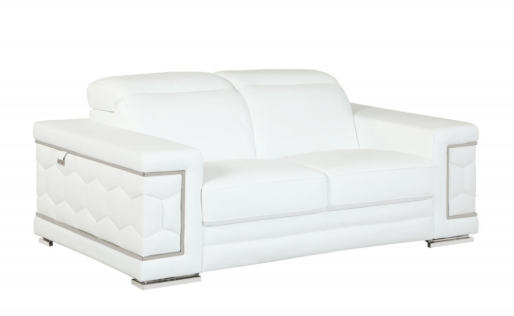 71" Modern White Italian Leather Sofa with Silver Legs