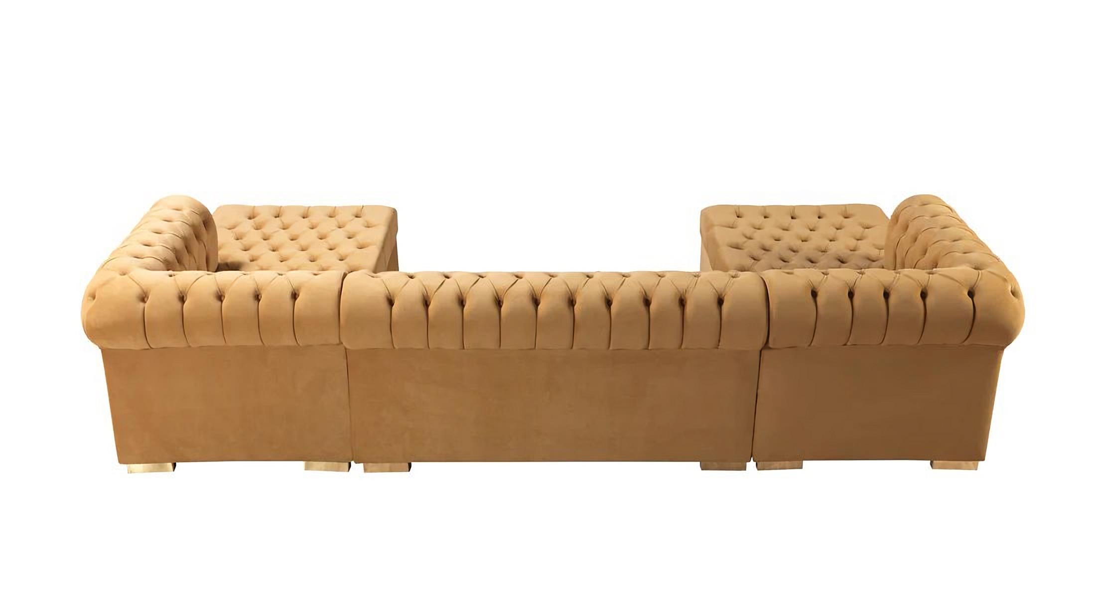 Modern Glam Mustard Velvet U-Shaped 3-Piece Symmetrical Sofa and Chaise Sectional