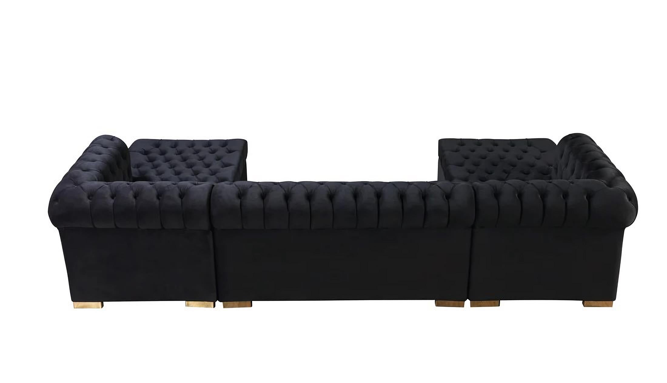 Modern Black Velvet U-Shaped 3-Piece Symmetrical Sofa and Chaise Sectional