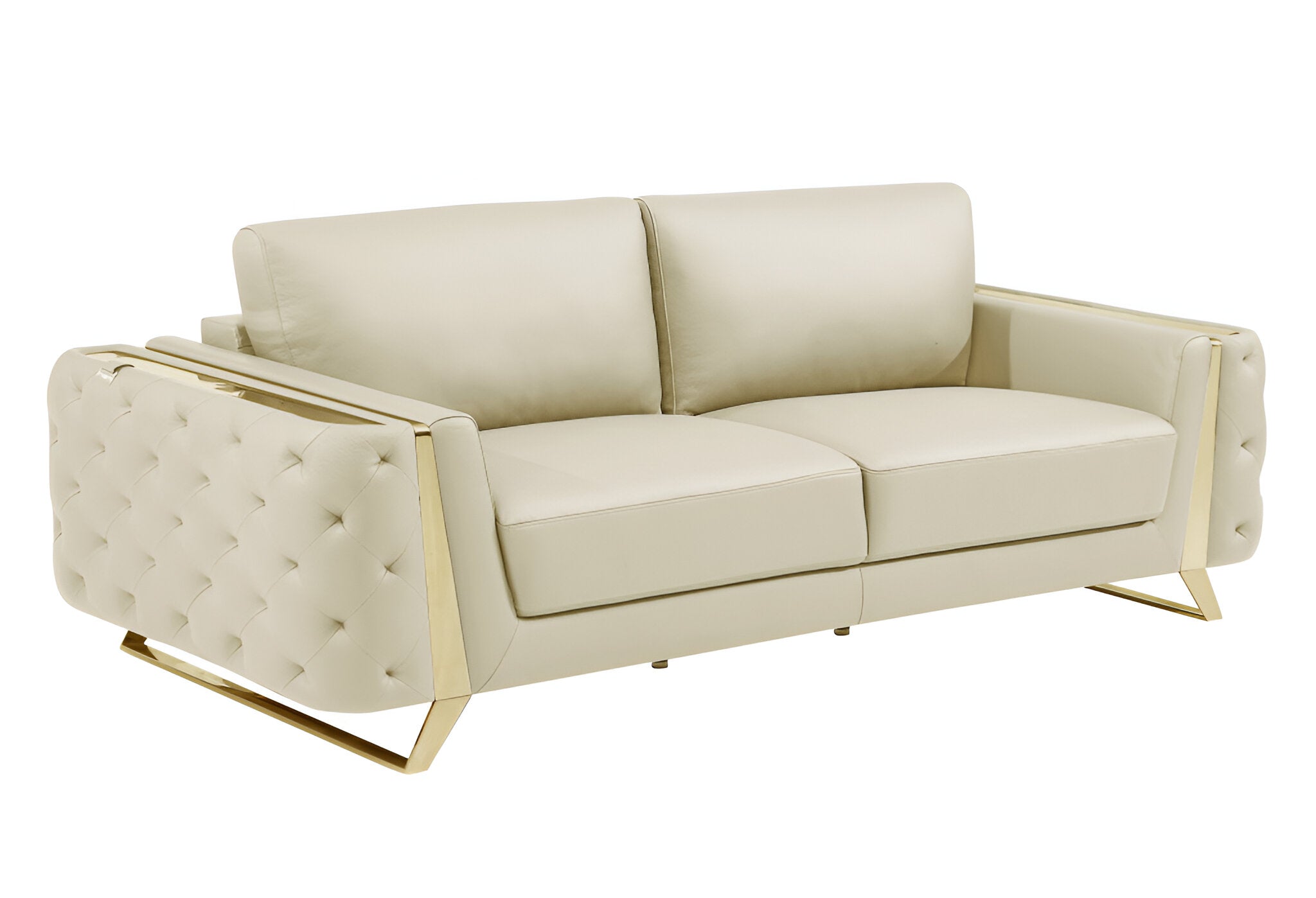 90" Contemporary Beige Italian Full Grain Leather Sofa with Gold Legs