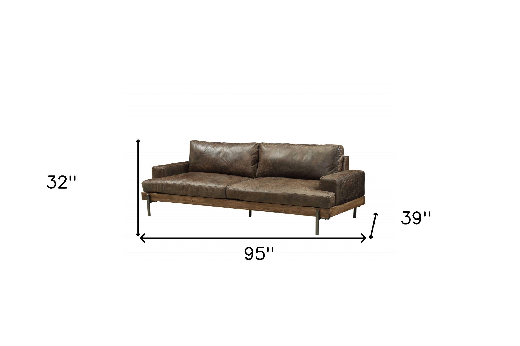 95" Modern Chocolate Top Grain Leather Sofa with Black Metal Legs