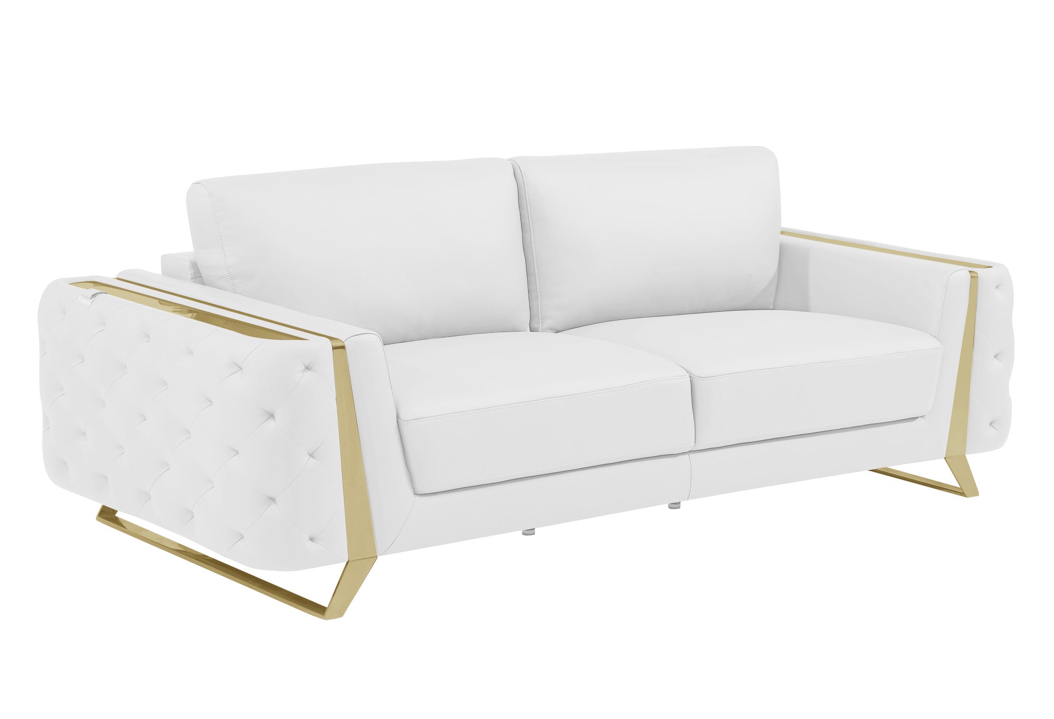 90" Contemporary White Italian Full Grain Leather Sofa with Gold Legs