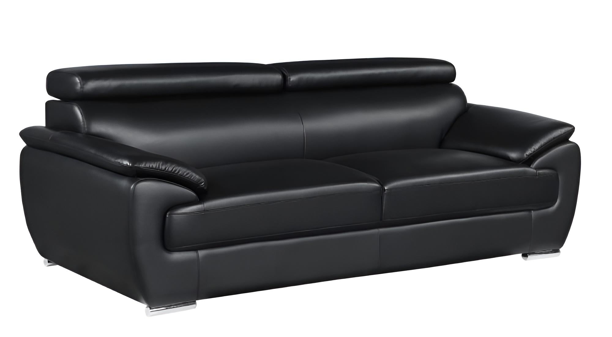 86" Modern Black Leather Sofa with Silver Stainless Steel Legs