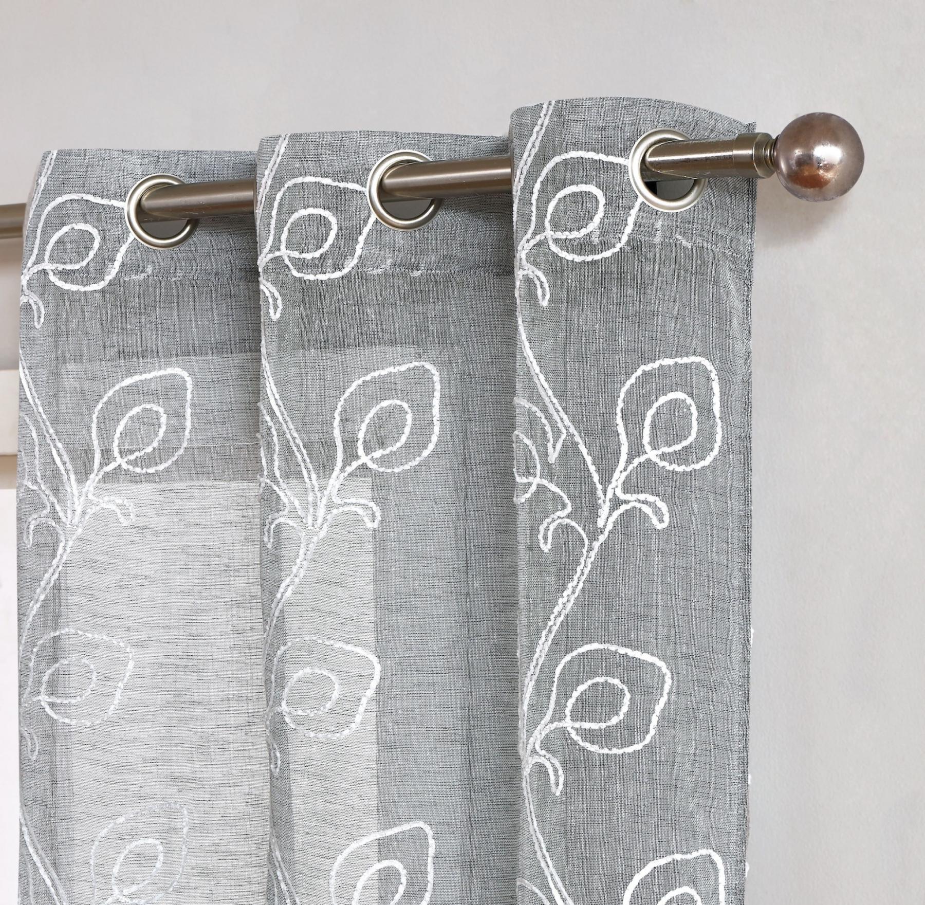 Set of 2 Silver Boho Embroidered Semi-Sheer Window Curtain Panels
