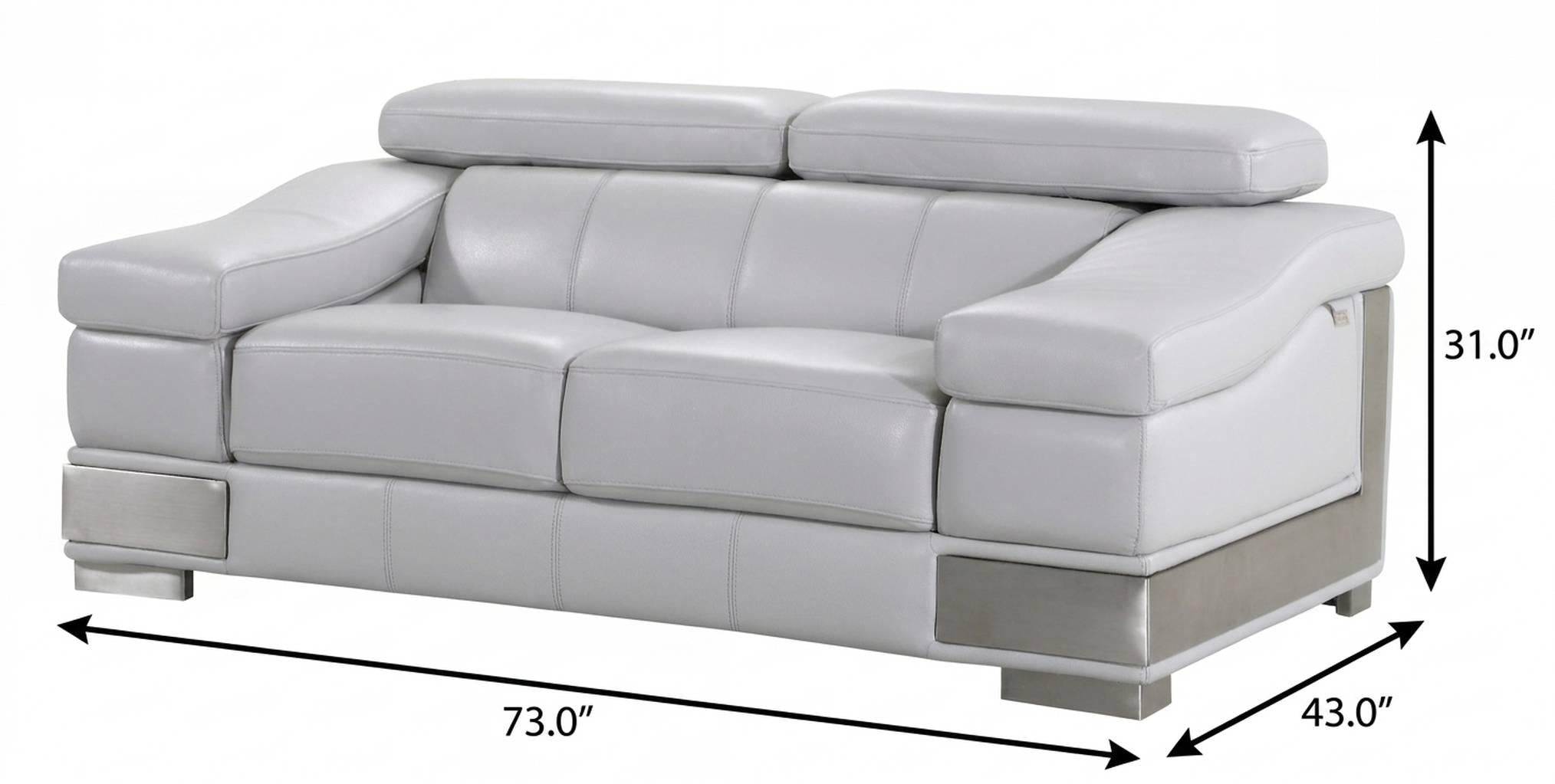73" Contemporary Light Gray Genuine Leather Loveseat with Silver Legs