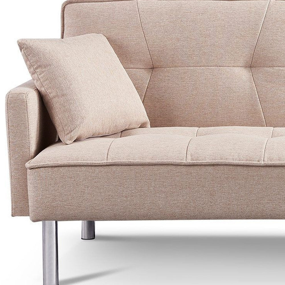 85" Modern Beige Polyester Blend Convertible Futon Sleeper Sofa with Silver Legs
