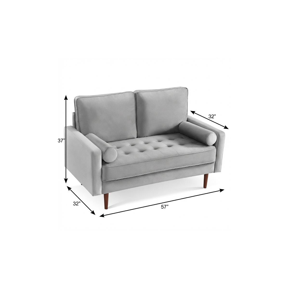 57" Mid-Century Gray Velvet Loveseat with Dark Brown Wood Legs
