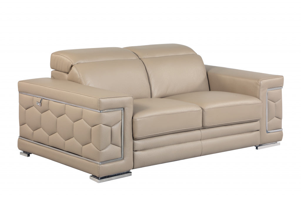 71" Modern Beige Genuine Leather Loveseat with Silver Legs