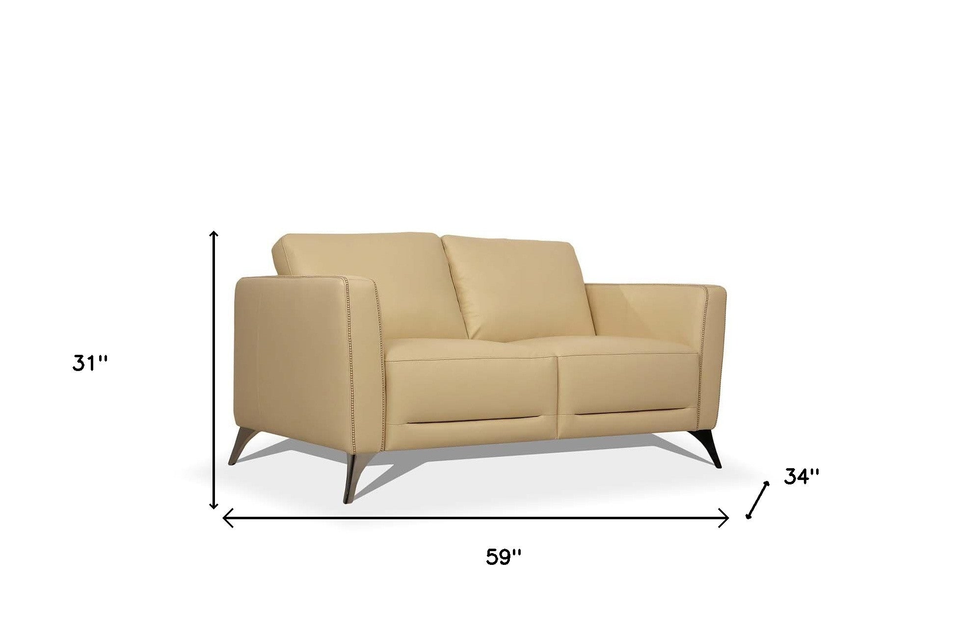 59" Contemporary Cream Genuine Leather Loveseat with Silver Legs