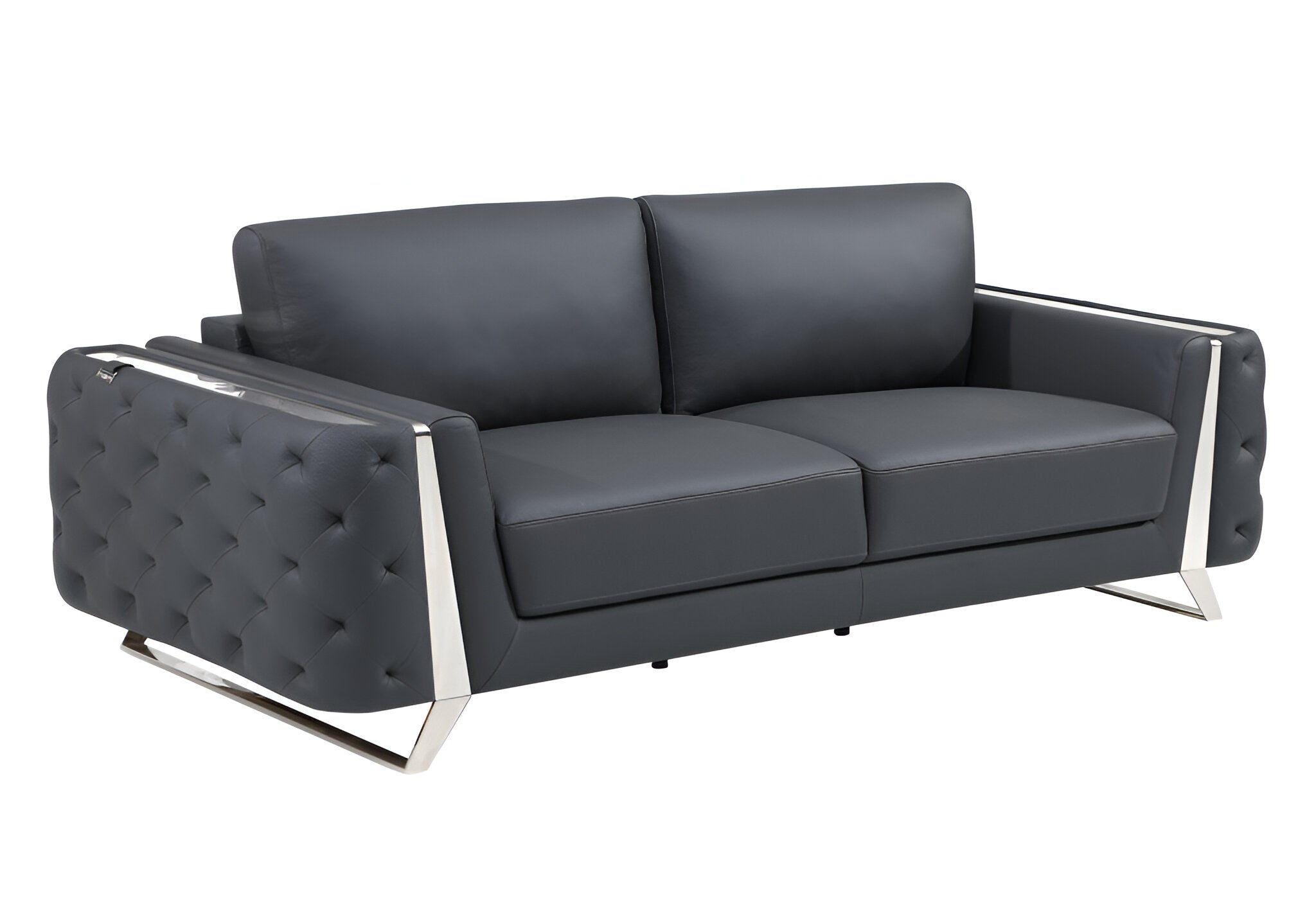 90" Contemporary Gray Italian Full Grain Leather Sofa with Silver Legs