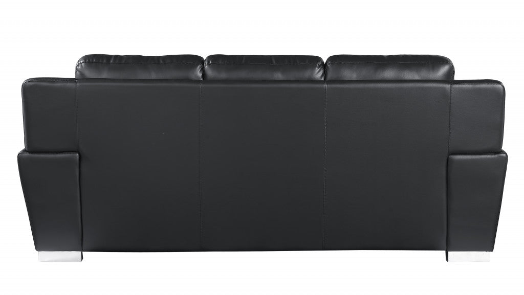 85" Modern Black Leather Sofa with Silver Stainless Steel Legs