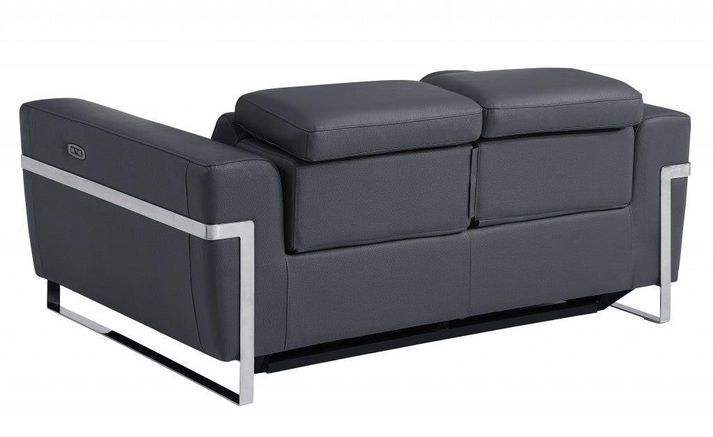 65" Gray Italian Leather Power Reclining Loveseat with Silver Legs
